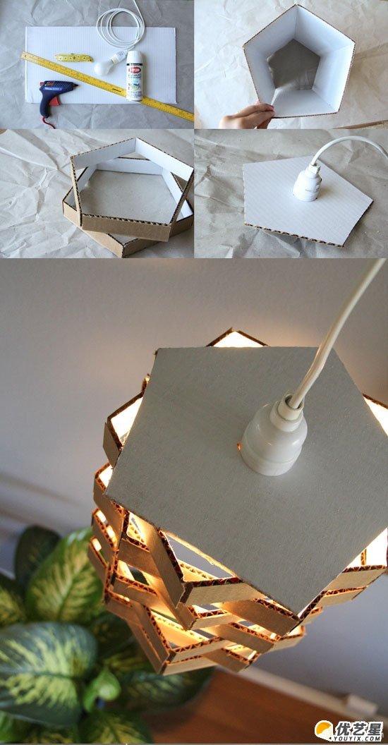 瓦楞纸制作吊灯的方法 硬纸板制作创意灯具手工制作教程 吊灯旧物改造怎么做_www.youyix.com