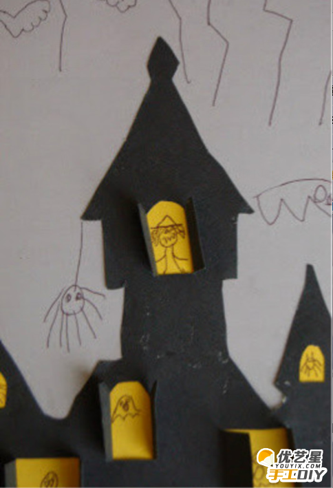 简单涂鸦恐怖的幽灵古堡 手工diy剪纸加上涂鸦制作出恐怖幽灵古堡的教程 幽灵鬼屋作品_www.youyix.com