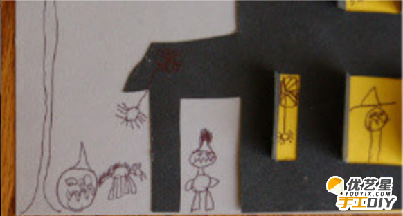 简单涂鸦恐怖的幽灵古堡 手工diy剪纸加上涂鸦制作出恐怖幽灵古堡的教程 幽灵鬼屋作品_www.youyix.com