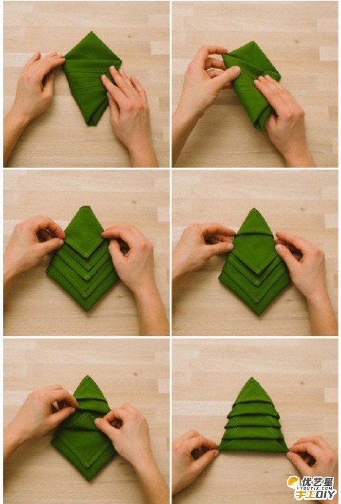 精美简约的花式餐巾折叠法的手工教程图解 好看唯美的绿色西式餐巾 像圣诞树般的清新_www.youyix.com