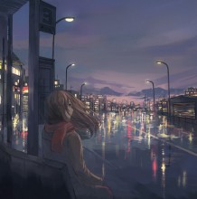 深夜独自坐在公交站台的女生唯美插画图片