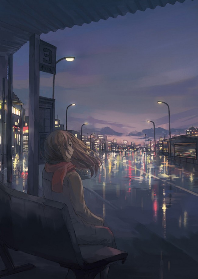 深夜独自坐在公交站台的女生唯美插画图片