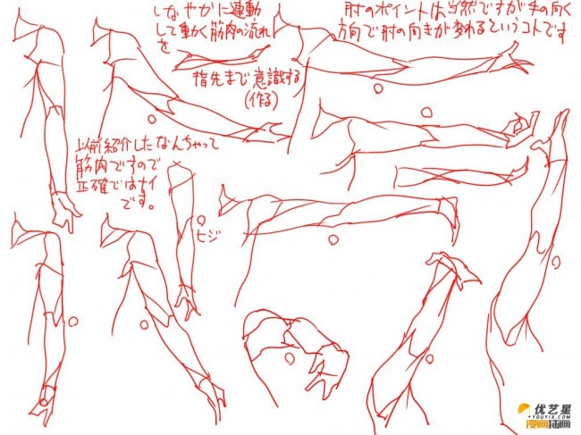 各种不同角度手臂漫画绘画步骤教程 人物的千变万化运动手臂姿态素材