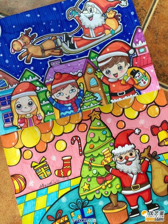 圣诞节主题儿童画作品 圣诞老人,小雪人麋鹿和小朋友开心过圣诞的儿童