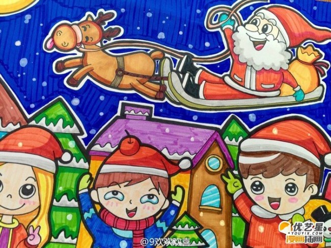 圣诞节主题儿童画作品 圣诞老人,小雪人麋鹿和小朋友开心过圣诞的儿童