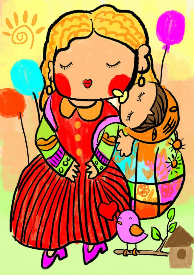 温馨妈妈带着孩子的儿童画优秀作品 妈妈和宝宝的爱的儿童画