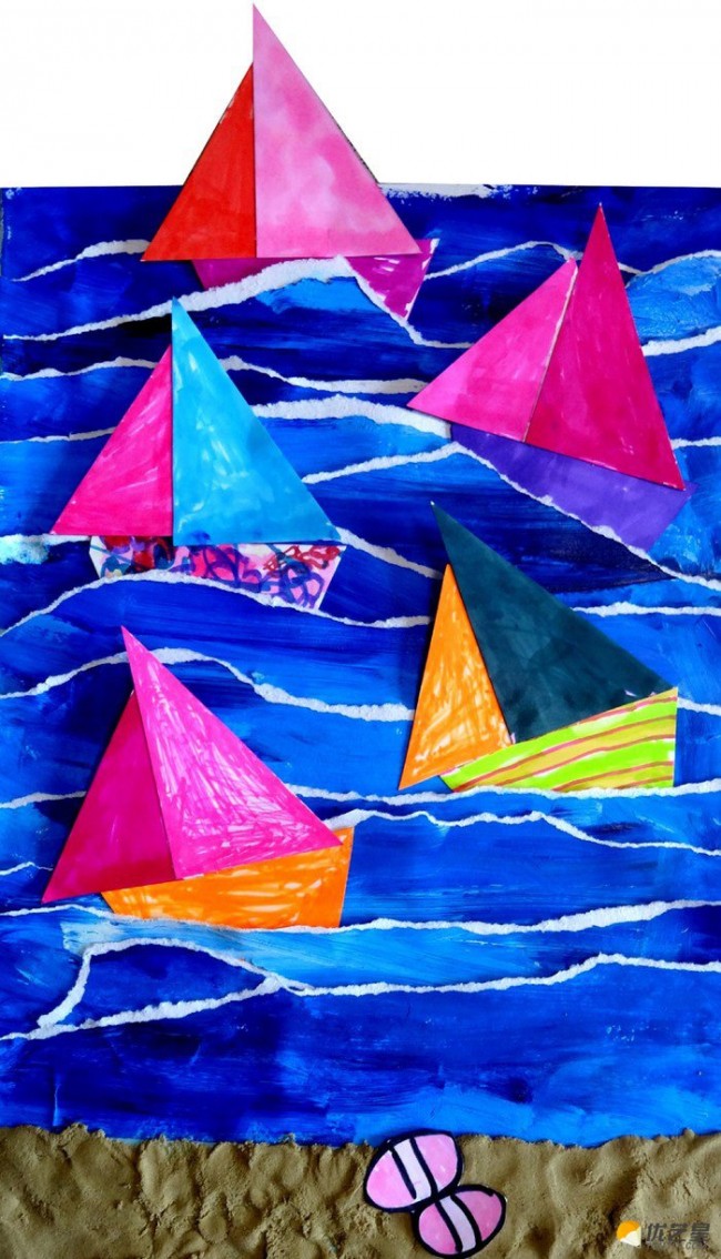 大海儿童画 创意手撕大海帆船手工拼贴画图片彩色作品