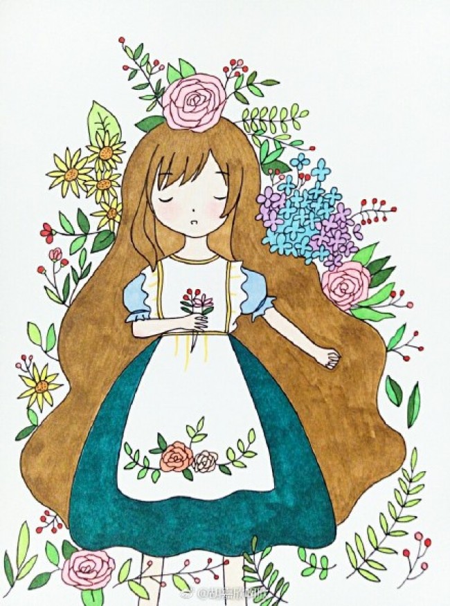 森系女生简笔画教程加上色植物环绕的女生简笔画画法图片