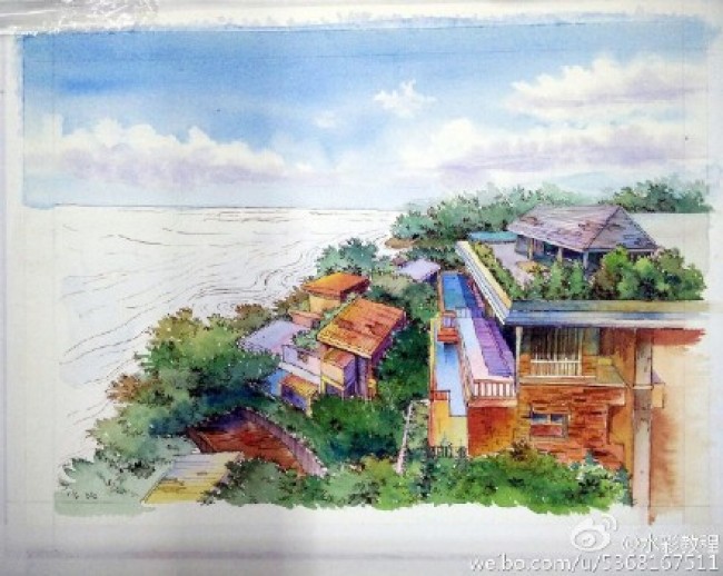 海边别墅建筑景观钢笔水彩画教程图片带上色步骤很美的环境