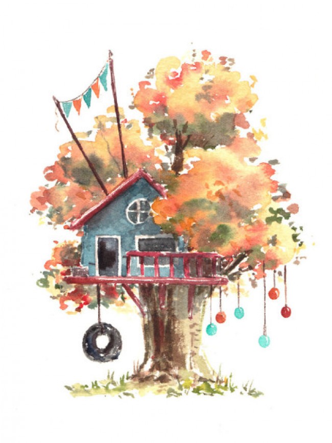 创意水彩树屋作品图片欣赏 盖在树上的小房子创意水彩画_www.youyix.