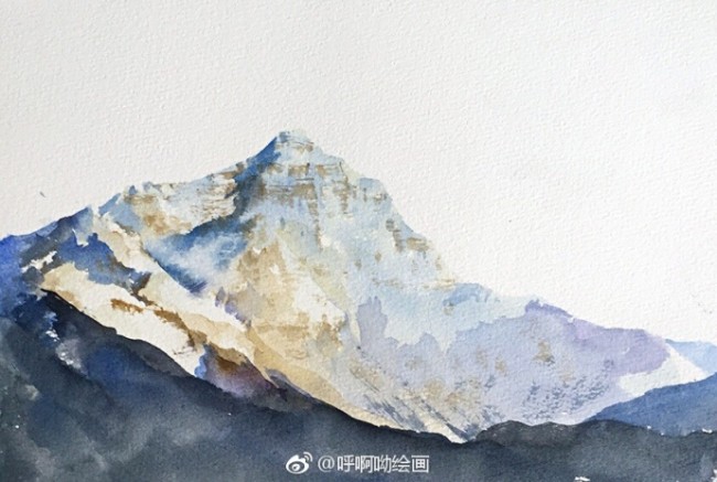 雪山山峰水彩画手绘教程图片巍峨的雪山山峰风光水彩画法上色步骤