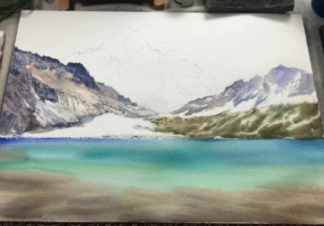 雪山山峰湖泊湖水风景水彩画图片山峰风景水彩画手绘教程雪山画法
