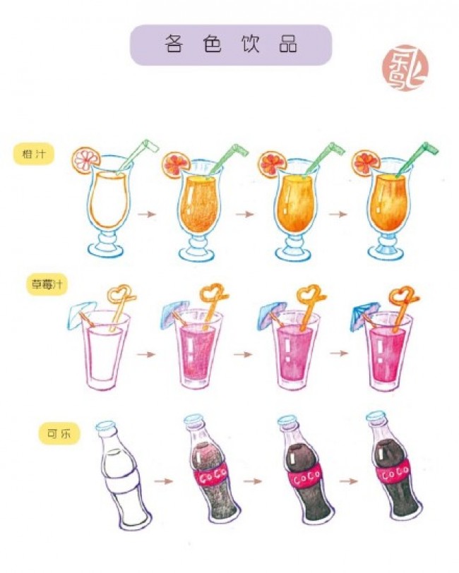 各种饮料彩铅画图片饮料彩铅画简笔画手绘教程橙汁草莓汁可乐画法怎么