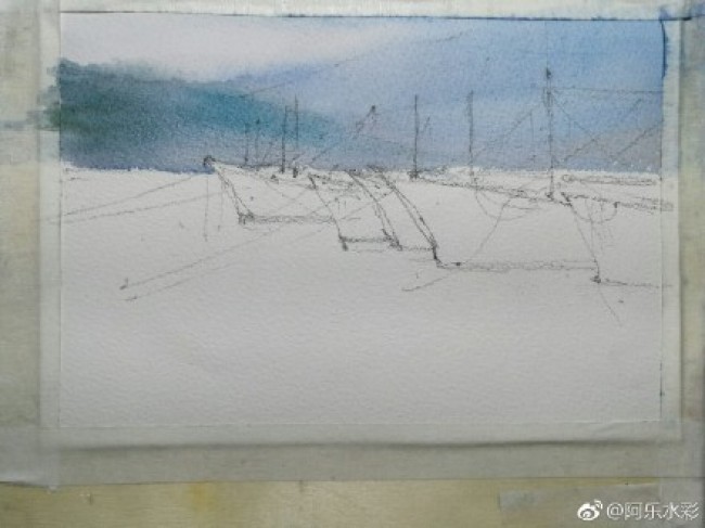 小鱼港渔船风景水彩画 渔船水彩手绘教程 简单渔船的画法