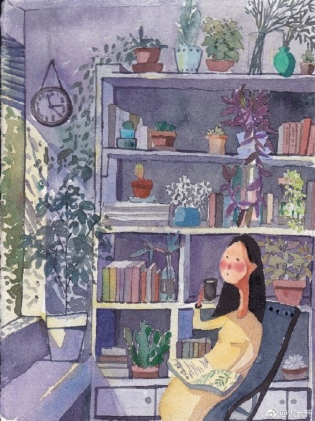 午后阳光下在书房喝咖啡看书的安静女生唯美意境水彩画插画手绘教程
