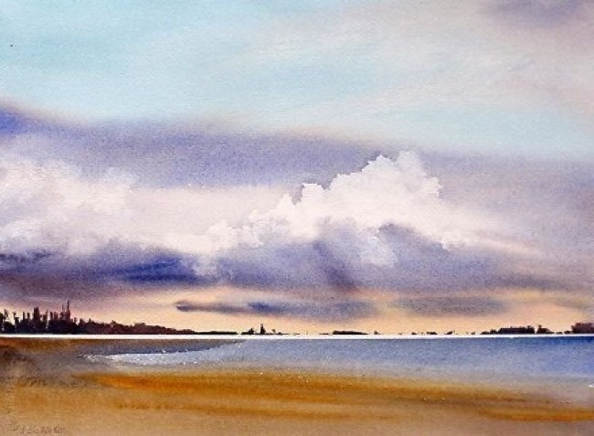 唯美海景水彩画图片 海天一线海水与天空意境水彩画