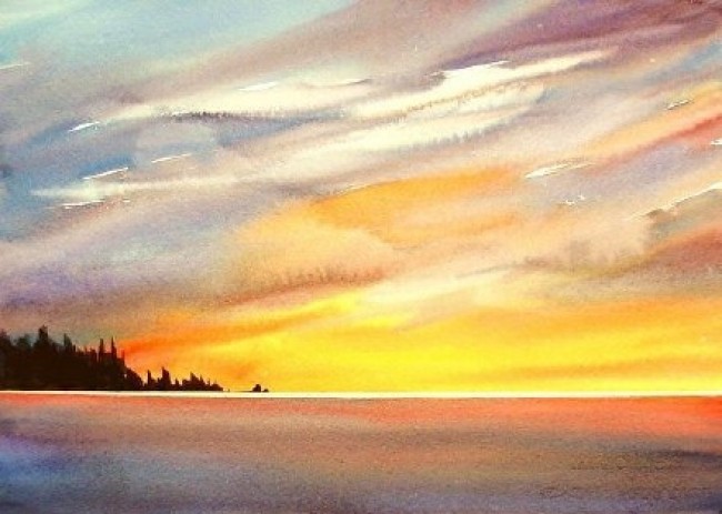 唯美海景水彩画图片 海天一线海水与天空意境水彩画