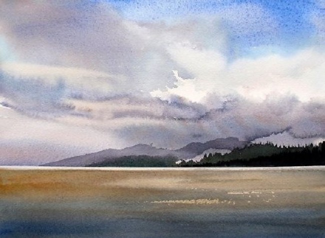 唯美海景水彩画图片 海天一线海水与天空意境水彩画