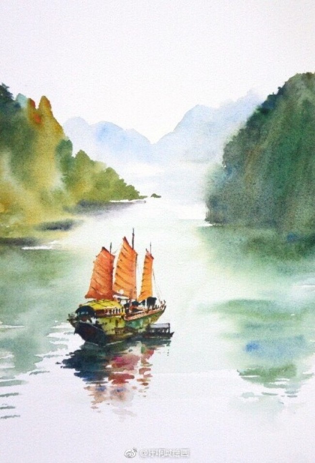 描绘桂林山水的水彩画图片 桂林山水水彩画手绘教程