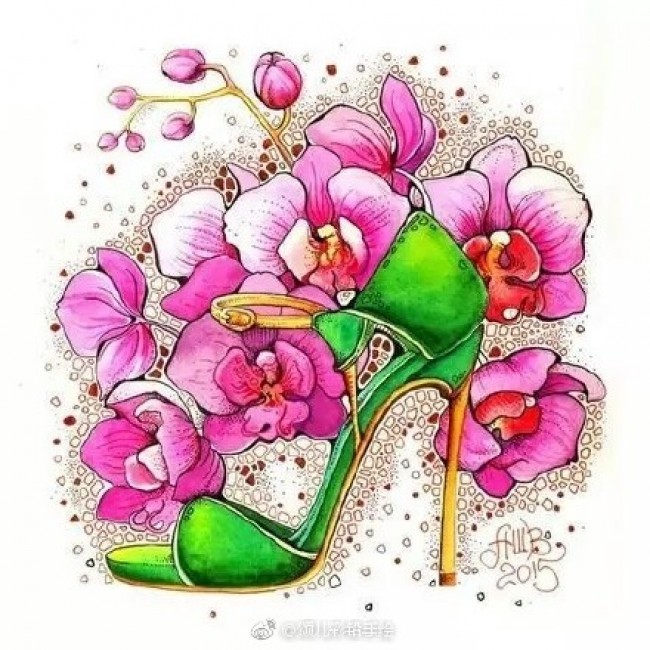 超美高跟鞋与花朵水彩画图片 唯美的高跟鞋手绘插画图片