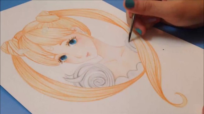 【视频】清纯可爱美少女水彩手绘视频教程 长马尾辫美少女画法_www.