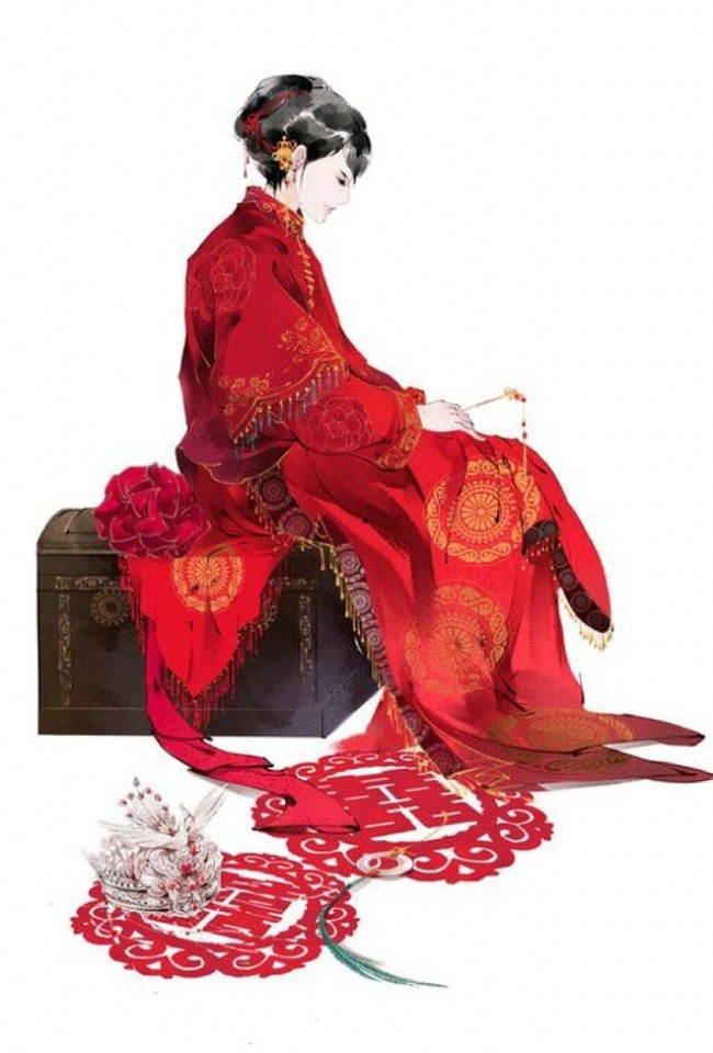 唯美古风新娘子插画图片中国传统古风女子新娘婚纱插画美图
