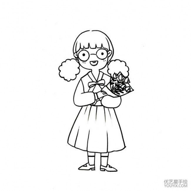 现代都市感的q版可爱小女生简笔画线稿图片很时尚潮流的感觉哦