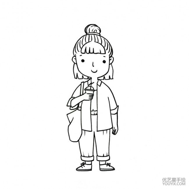 现代都市感的q版可爱小女生简笔画线稿图片很时尚潮流的感觉哦