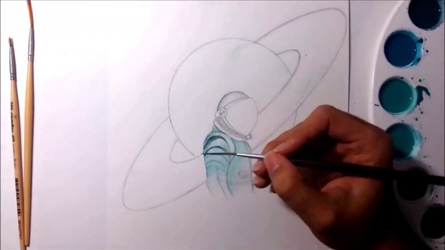【视频】超唯美的星球宇航员水彩画手绘视频教程 星球心空科幻感觉