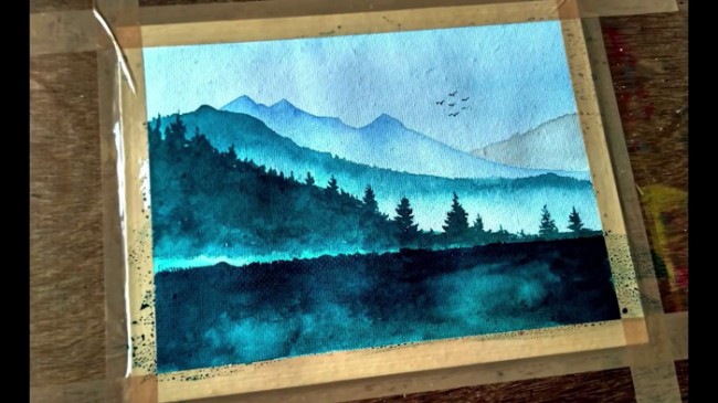 视频唯美的山峦树木风景水彩画视频教程山峰风景水彩怎么画画法