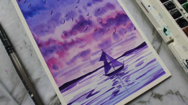 【视频】唯美的晚霞海景帆船水彩画手绘视频教程 好看的海景水彩