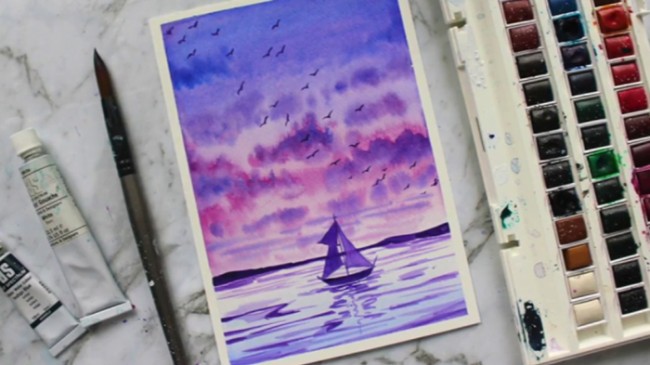 【视频】唯美的晚霞海景帆船水彩画手绘视频教程 好看的海景水彩