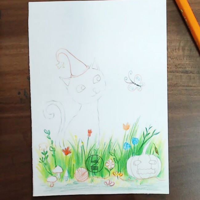 【花丛中玩耍的猫咪彩铅小插画】才艺君手绘课堂新课
