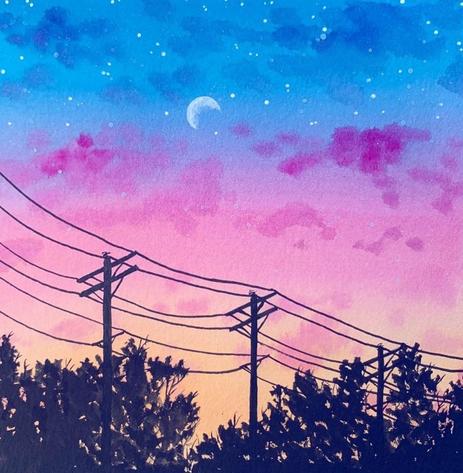 超美的剪影水彩风景画手绘素材星空书签水彩唯美有意境