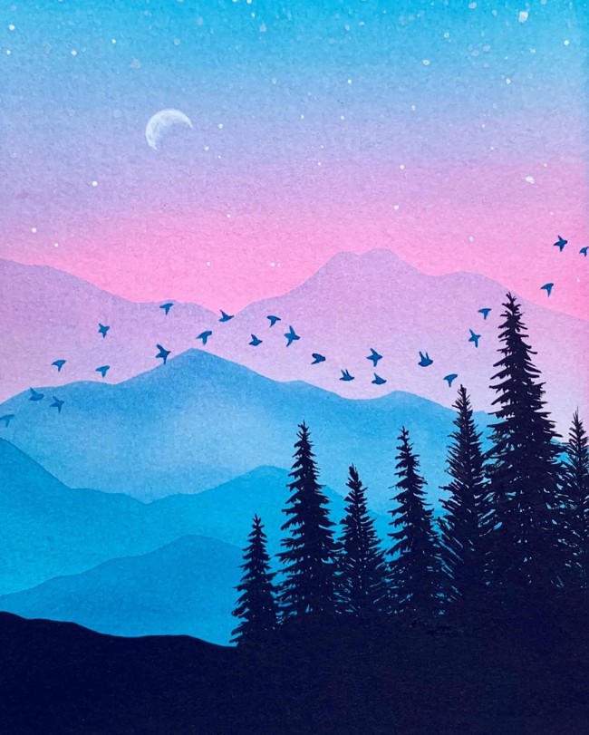 超美的剪影水彩风景画手绘素材 星空书签水彩 唯美有意境(2)