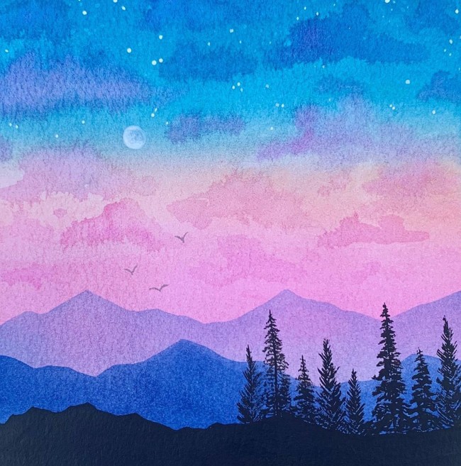 超美的剪影水彩风景画手绘素材星空书签水彩唯美有意境4