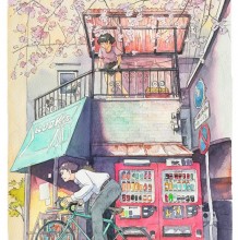 骑单车的少年日系水彩画图片