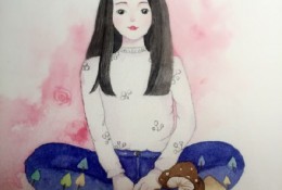 坐着的女生水彩画手绘教程图片 上色步骤演示 清新女生水彩画