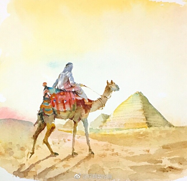 出这样一幅唯美的骆驼行人的沙漠画，可能也是可以作为艺术品哟。 现在小编和大家介绍关于沙漠骆驼旅行人风光水彩画手绘教程图片，才艺君中也是有很多关于相类似的水彩画的，喜欢绘画的伙伴们可以前去找找看哟。想必大家也是知道沙漠的吧，全是由沙子堆积成的沙漠，是相当的干旱的，毫无生机、生命。沙漠看起来是挺美的，很多人也是想去挑战一番的吧。  这幅有着朦胧美的骆驼行人沙漠画，上色的过程中要注意颜色的深浅变化，颜色的层次感变化，颜色的渐变，要是能注意到这几方面的颜色，你是可以绘画出一幅精美好看的的水彩画的。这幅沙漠行人骆驼