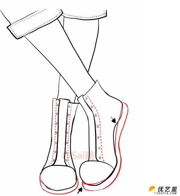 在脚上怎么画一双可爱漂亮的帆布鞋?鞋子的简笔画 鞋子的手绘画教程图片