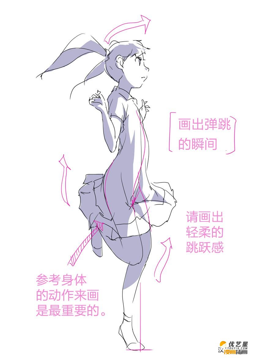 小清新美女的不同跳跃性动作细节插画素材 角度不同的跳跃动作教程
