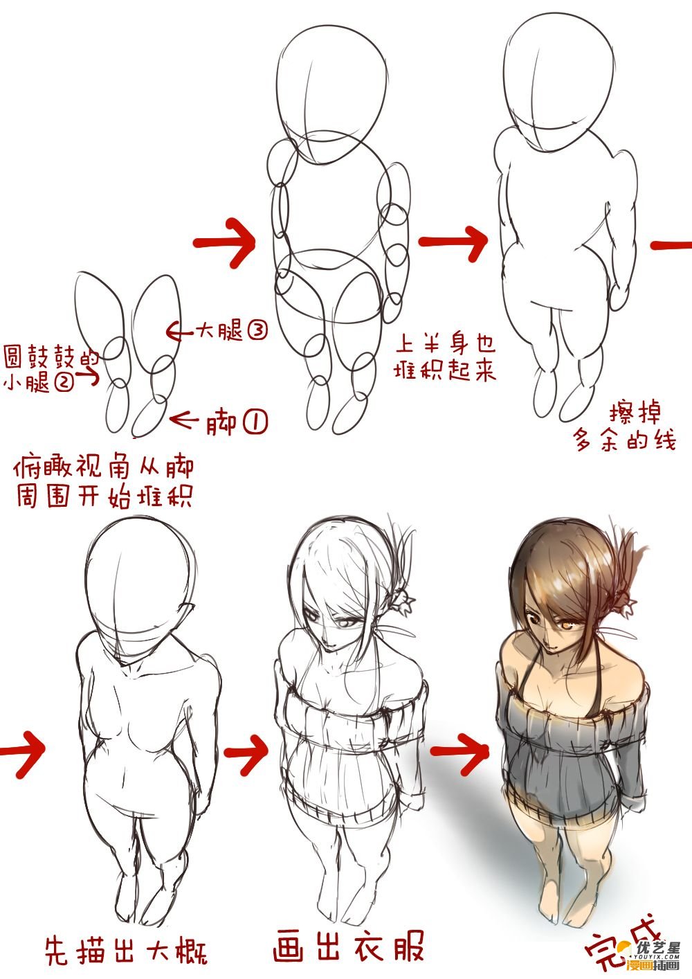 人物的俯瞰视角怎么画 俯视透视插画绘画教程 步骤讲解演示
