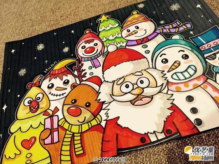 圣诞节主题儿童画作品 圣诞老人,小雪人麋鹿和小朋友开心过圣诞的儿童