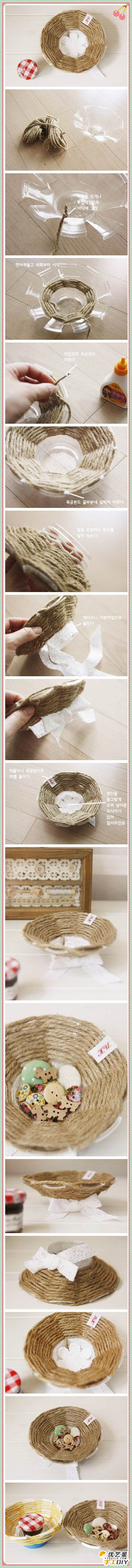 瓶子加麻绳的漂亮的手工diy 可乐瓶加麻绳编织制作的精美托盘手工diy教程_www.youyix.com