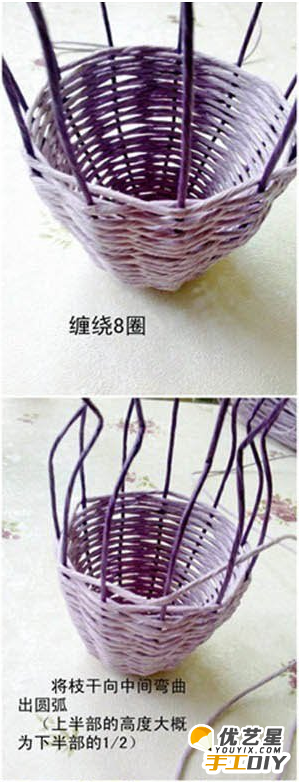 精美的紫色花篮 纸藤花篮纸篓手工编织手工制作diy教程图解_www.youyix.com