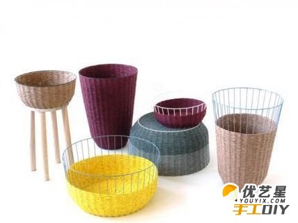 旧物利用手工制作铁丝和编织绳编织的储物篮子  好看创意装饰储物两用编织篮子教程_www.youyix.com