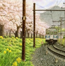 松本忠笔下日本郊区美丽风景和电车经过的场景插画