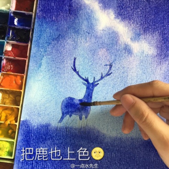 夜晚唯美星空下抬头仰望星空的麋鹿浪漫插画绘画教程_www.youyix.com