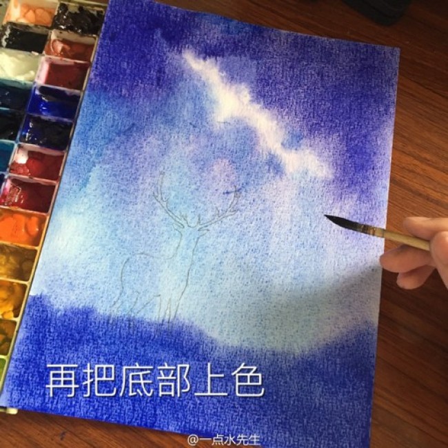 夜晚唯美星空下抬头仰望星空的麋鹿浪漫插画绘画教程_www.youyix.com