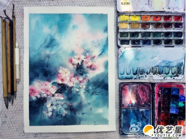 优美艺术的漂亮桃花风景插画作品  具有艺术文艺风格桃花插画作品_www.youyix.com